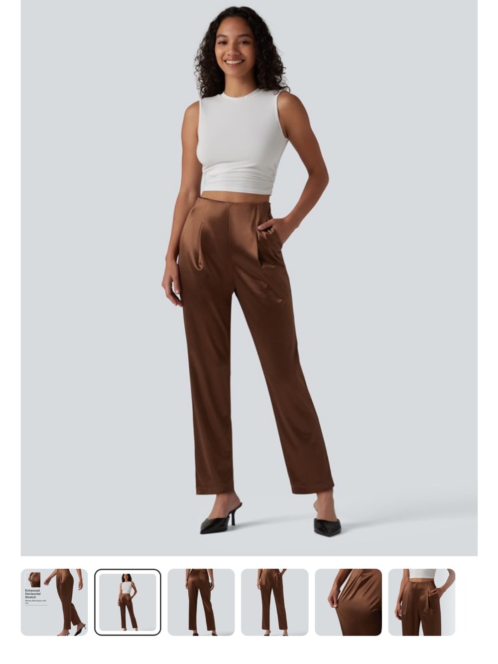 HALARA Satin Straight-Leg High-Rise Pants in Brown